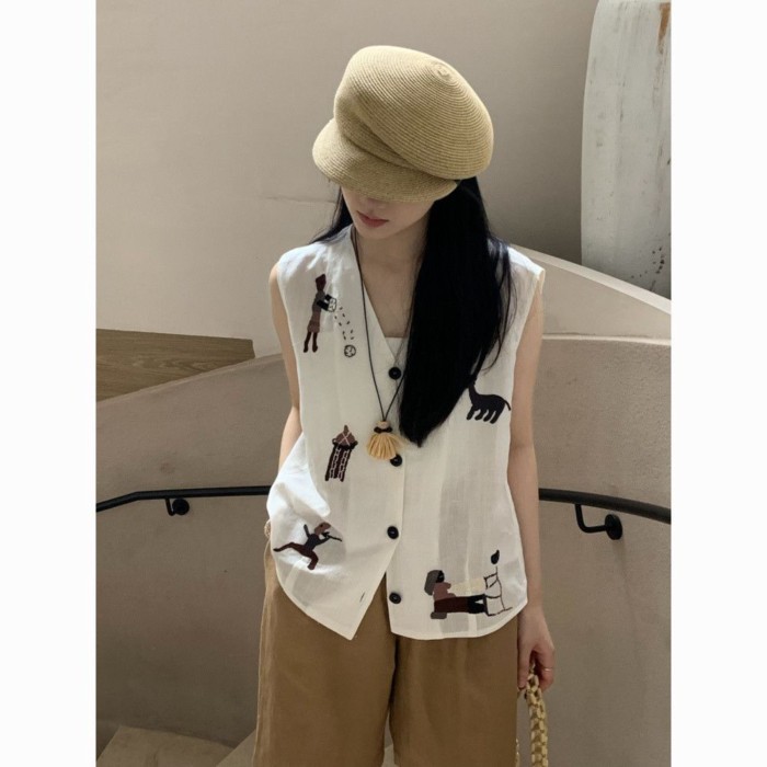 Vải lanh dáng rộng thêu mùa hè mới phong cách cổ điển áo vest vải lanh và cotton dành cho nữ