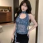 Áo vest voan cổ dây gió nhẹ nhàng chấm bi cho nữ thiết kế ruffle retro kiểu Pháp