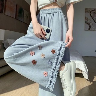 Quần ống rộng viền hoa ngọt ngào phong cách rừng dành cho nữ mùa xuân hè quần lưng cao ống rộng