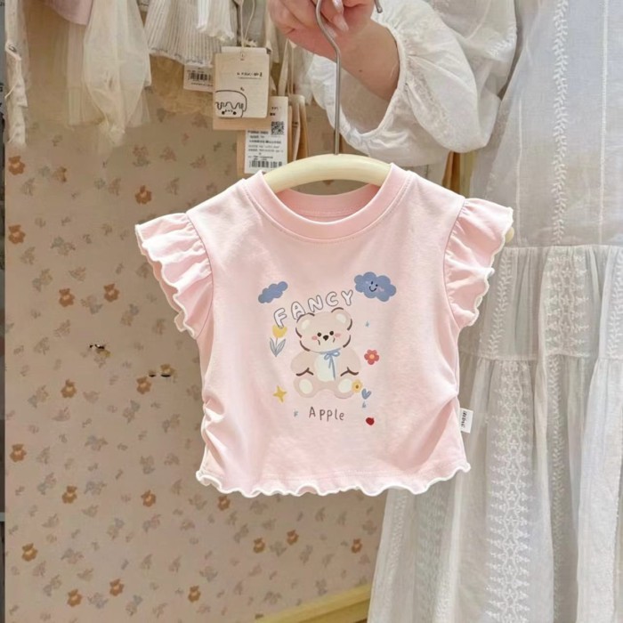 Áo thun ngắn tay cotton màu hồng cho bé gái mùa hè in hình gấu dễ thương tay áo bay hình nấm hàn