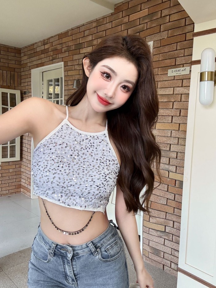 Áo dây cổ yếm đính cườm gợi cảm Rốn ngắn hở rốn dự tiệc Disco lấp lánh Hot Girl khoét rỗng
