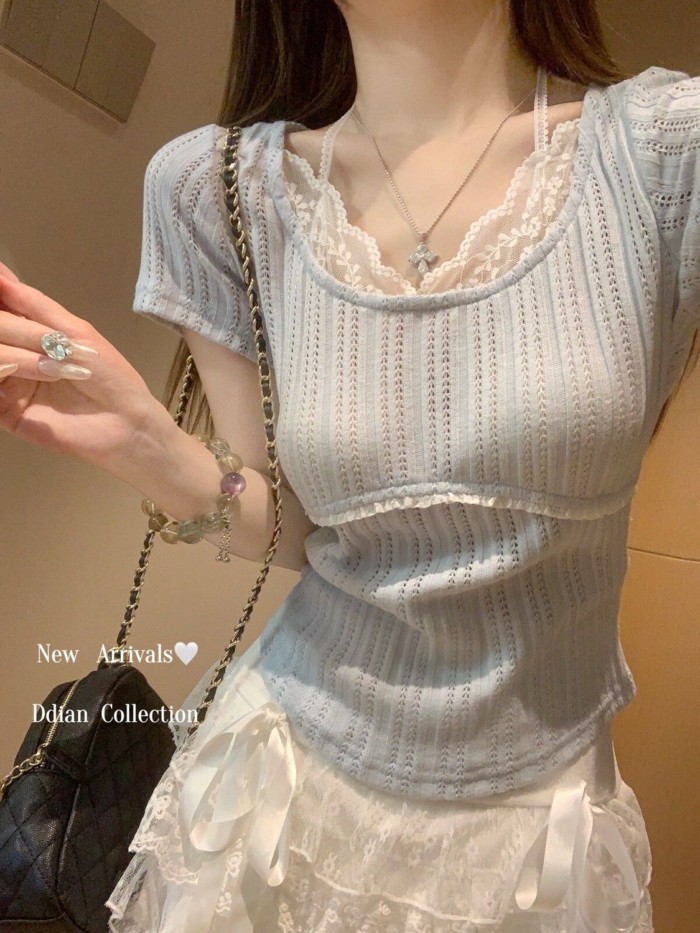 Ren Ngọt Ngào Khâu Dây Cổ Rỗng Cổ Vuông Ngắn Tay Nữ Xuân Hè Eo Thon Đáy Ngắn Top