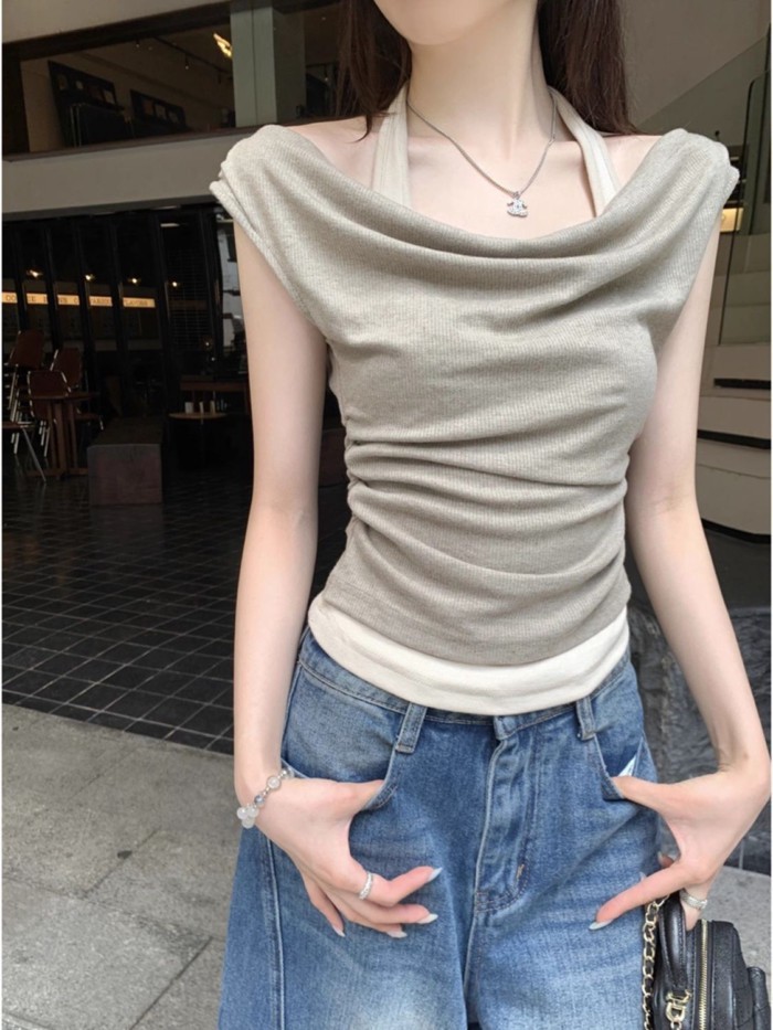 American Retro Swing Collar Halter Neck Short-sleeved T-shirt For Women Summer Slim Short Fak