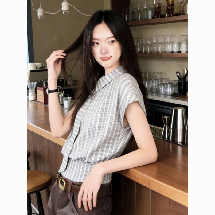 【Versatile And Evergreen】Great-looking Plaid Shirt For Women, Summer Ribbon Shirt, Short-sleev