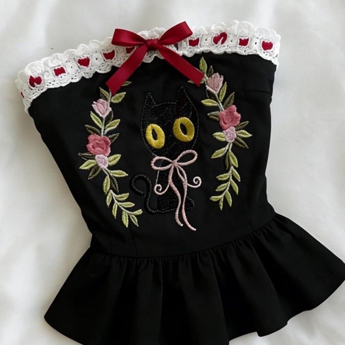 Phong Cách Retro Hoa In Hình Mèo Xếp Ly Ren Lãng Mạn Áo Vest Top Đen Vintage Treo Dây