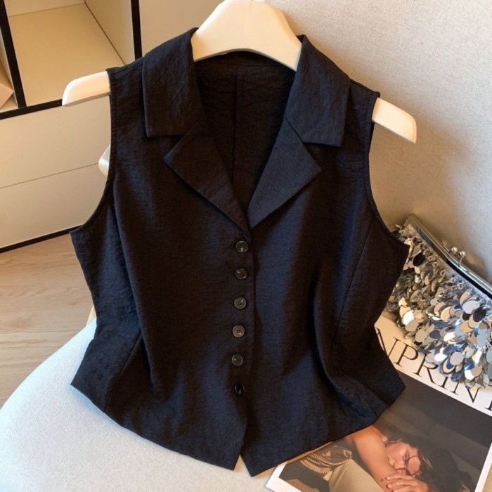 Áo vest vest nữ một hàng khuy mùa hè kiểu mới áo ngắn đơn giản đa năng