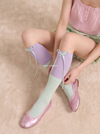 Have u desgin Độ bão hòa thấp Soft Mist Ballet Girl Màu tương phản Khâu bắp chân Tất