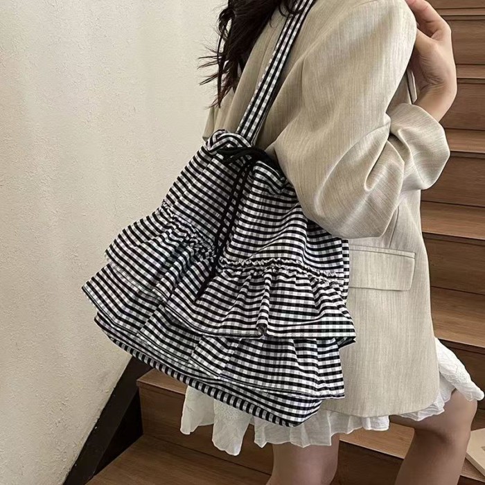 Túi vải canvas kẻ sọc dây rút lá sen đa năng đeo vai dung tích lớn tote đơn giản dành cho học