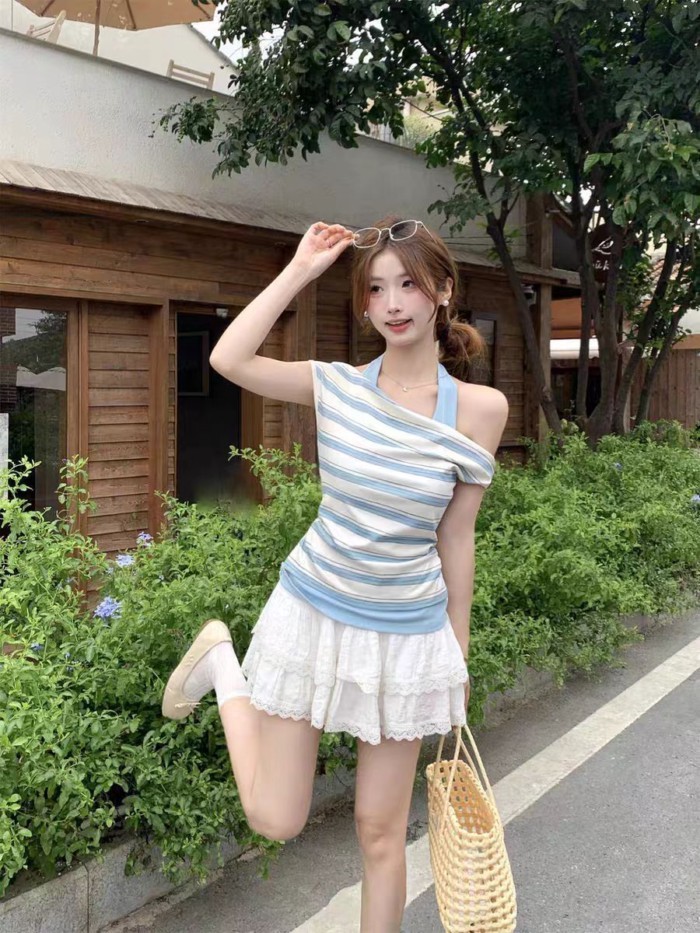 Unique Fake Two-piece Design Retro Striped Halter Neck Short-sleeved T-shirt For Women Summer