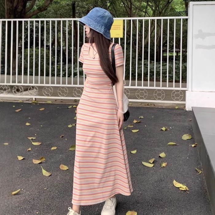 Long Slim Summer Sweet Age-reducing Rainbow Skirt Slim And Slim Temperament Striped Color Dre