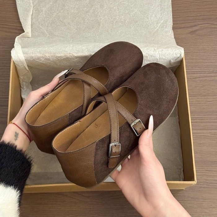 Retro Da Báo Mary Jane Giày Nữ Xuân Thu Đế Mềm Đậu Hà Lan Bí Ngô Bên Trong Tăng Chiều Cao Giày Birk