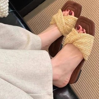 New Style Flat Square Toe Braided One-word Going Out Slippers For Women Summer Outer Wear Fre
