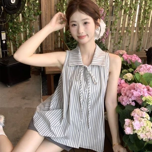 kiểu dáng Pháp cao cấp Áo sơ mi sọc nơ mùa hè Mới không tay Top Slim Vest nữ