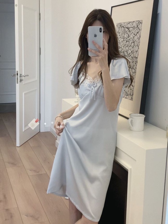 Beautiful Crushed Ice Blue Lace Nightgown For Women Summer Sweet High-end Pajamas Home Wear For