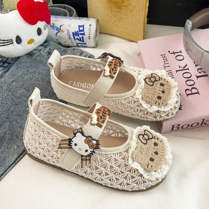 Cute Cartoon Braided Girls Sandals Girls Lace Mesh Princess Shoes Soft Sole Hollow