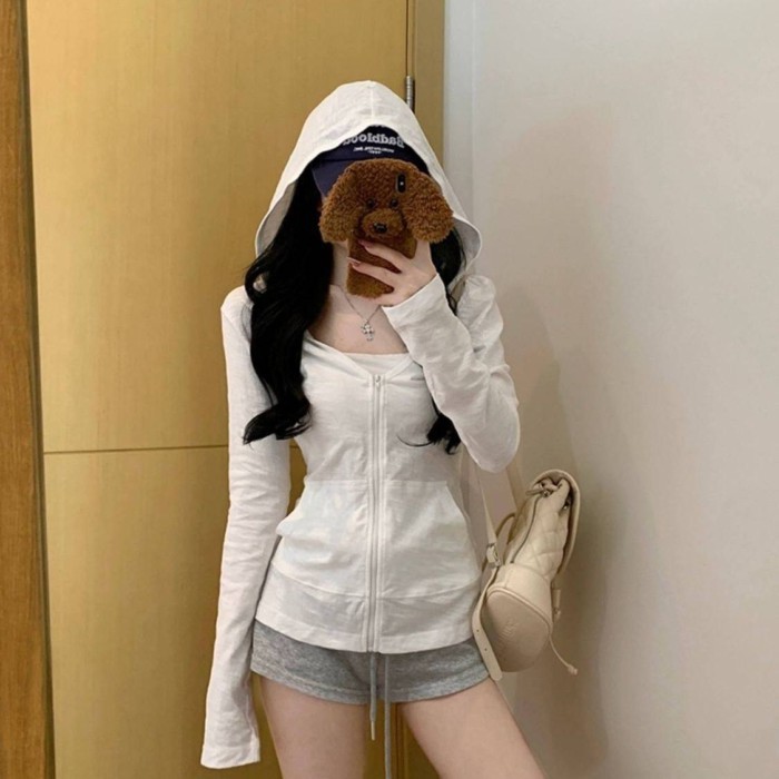 Quần áo dài tay có mũ trùm đầu có khóa kéo phong cách đại học Hàn Quốc cho nữ, áo khoác cardigan đa