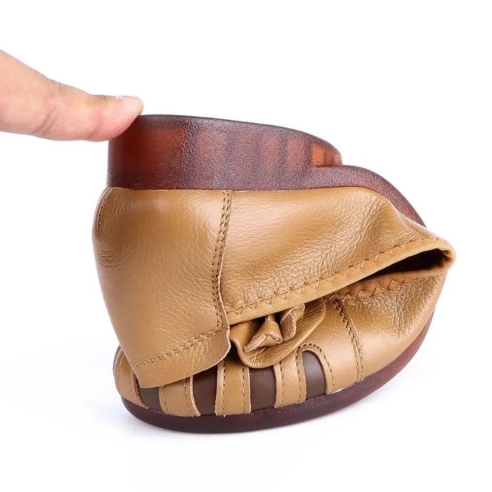 Da Thật Mềm Gân Đế Mềm Xuân Thu Giày Đậu Hà Lan Mới Giày Nữ Mũi Tròn Đế Bằng Nông Miệng đơn Giày