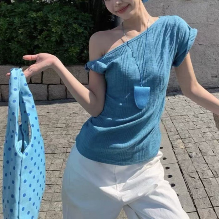 Dopamine Lake Blue Slanted Shoulder Short Sleeve T-Shirt Women's Summer Korean Style Loose Sl