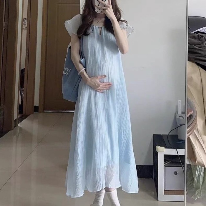 Quần áo bà bầu thời trang mùa hè váy bà bầu tay bay dài váy lưới váy bà bầu mùa hè