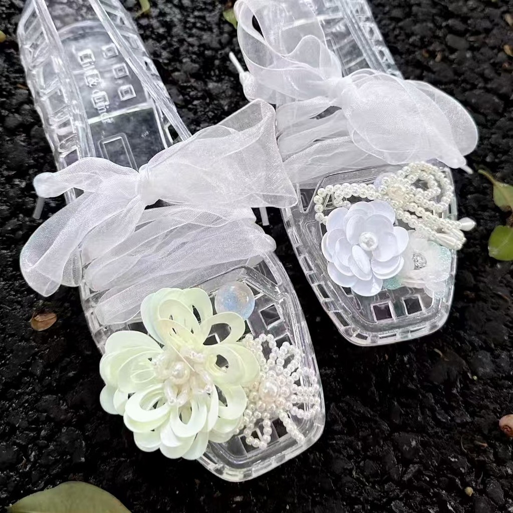 Phong Cách Mới Jelly Giày Lỗ Giày Hoa Đính Kim Sa Lấp Lánh Hoa Khóa Giày Ba Chiều
