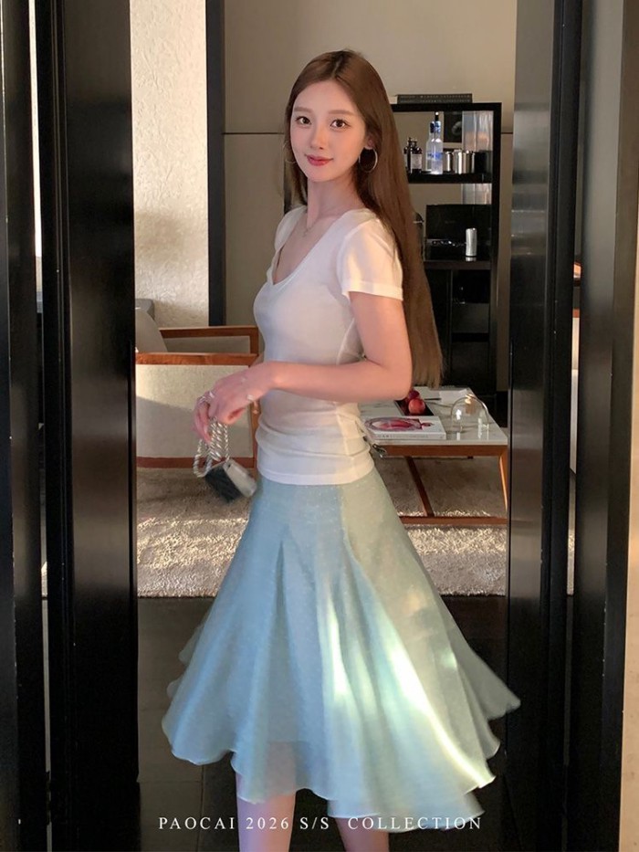 French Design Fresh Polka Dot Chiffon Skirt Women's Summer New Temperament Versatile Green Sk