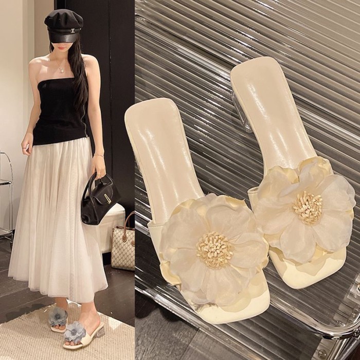 Dép hoa cổ tích mũi vuông váy hè xinh, sandal cao gót pha lê hở mũi thời trang