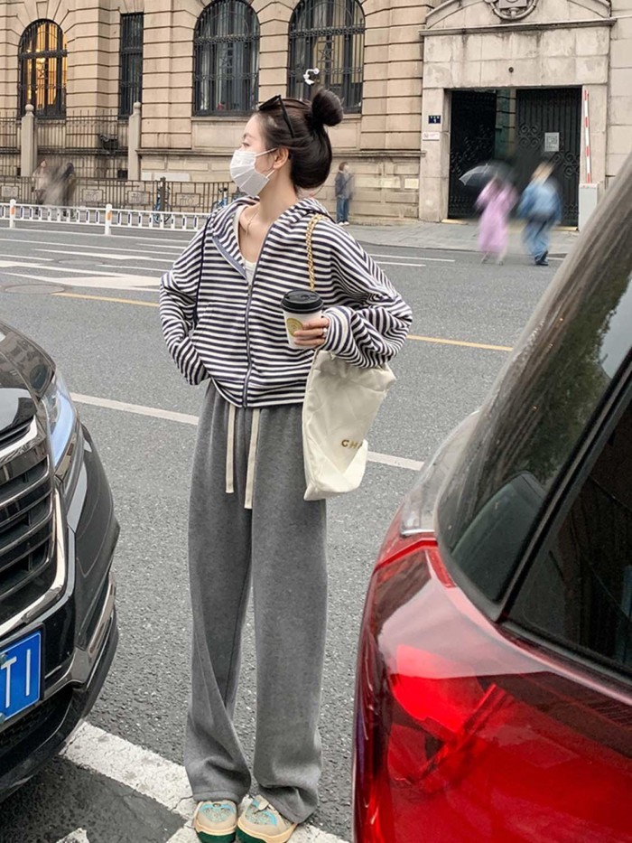 Sọc Áo Len Có Mũ Trùm Đầu Áo Khoác Cardigan Nữ Phong Cách Hàn Quốc Mỏng Thường Ngày Đa Năng Quần