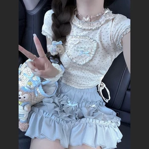 Mùa hè phong cách Nhật Bản mềm mại cô gái nấm dây rút hàng đầu hoa ngắn tay áo thun bánh váy