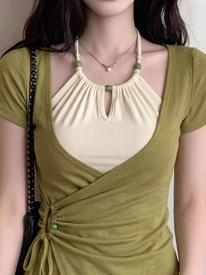 Korean Fake Two-piece Short-sleeved T-shirt For Women In Early Summer, Unique Design, Beautif