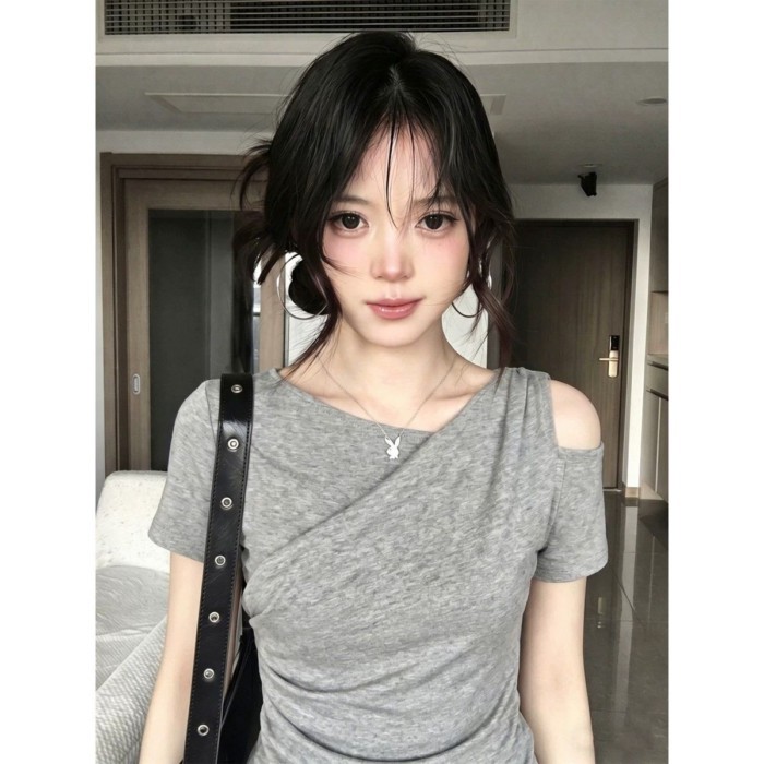 Modal Irregular Sloped Shoulder Short Sleeve T-shirt Women Summer New Slim Waist Short Off-Sh