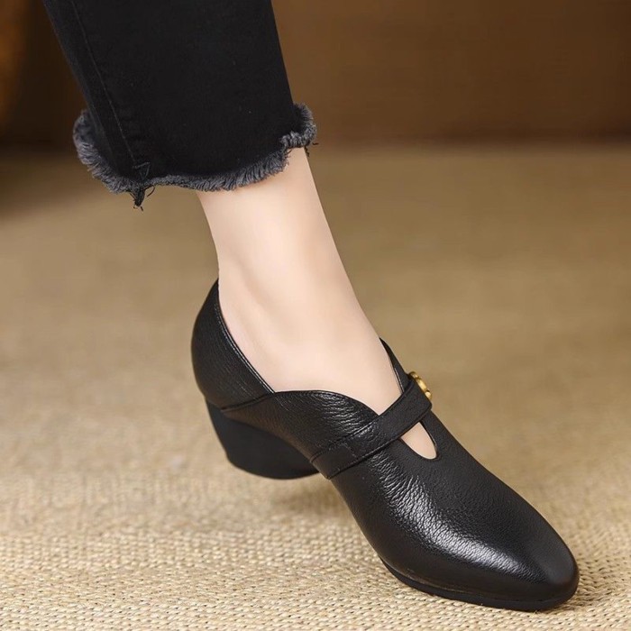 Giày Mary Jane Nữ Mũi Nhọn Mềm Mại Thoải Mái Đế Nêm Giày Đơn Gót Trung Bình Nhỏ Giày Da Giày Slip-o