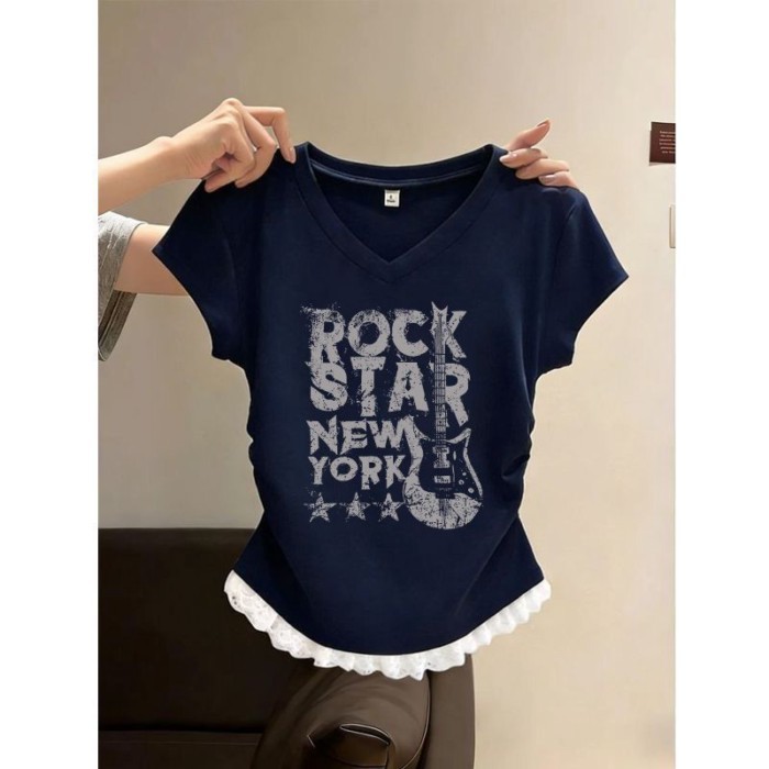 Mỹ Màu Vàng Kem Vai Phải Áo Thun Nữ Tay Ngắn Nữ Mùa Hè Chữ Guitar Phối Ren Viền Top