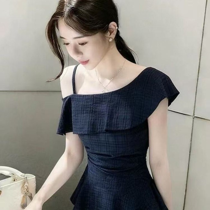Áo sơ mi nữ dây vai lệch màu xanh navy cao cấp thiết kế áo sơ mi eo không đều