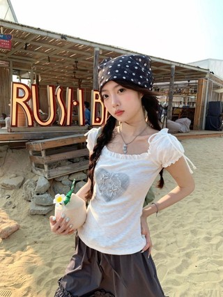 Korean Love Printed Bow Tie Short-sleeved T-shirt Slim Fit Summer Slim New Fashion Versatile