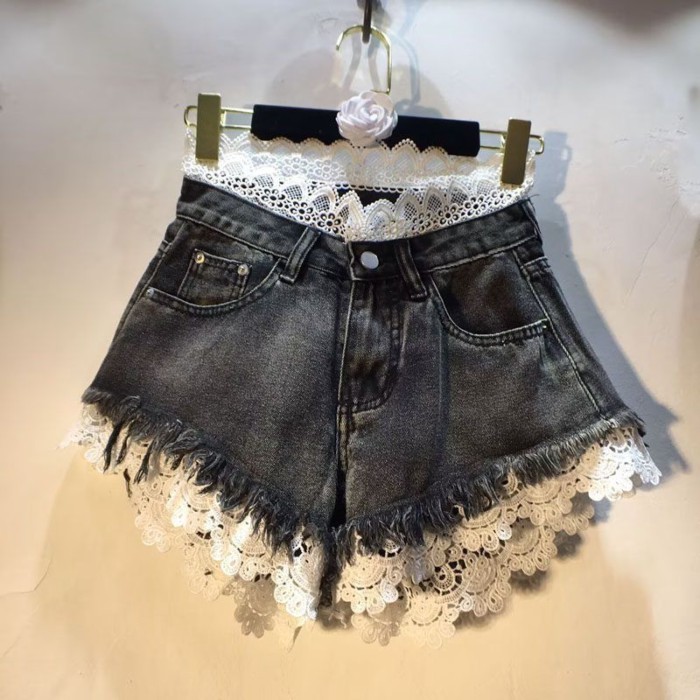 Quần Áo Mùa Hè Châu Âu Phong Cách Mới Ghép Ren Cao Cấp Ôm Nguyên Edge Quần Short Denim Nóng Quần