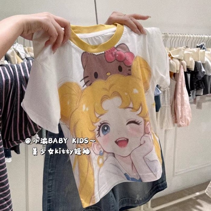 Girls T-shirt Summer New Cartoon Girl Kitty Printed Short-Sleeved Contrast Color Round Neck L