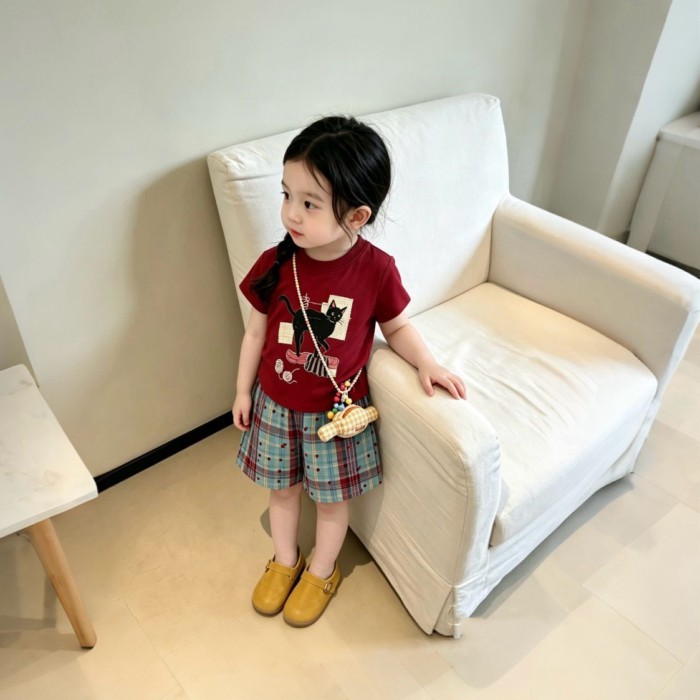 Bé Gái Phù Hợp Với Mùa Hè Mới Trẻ Em Ngọt Ngào Phong Cách Nữ Tính In Hình Áo Thun Tay Ngắn Kẻ Sọ