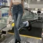 Quần jeans ống loe tua rua phong cách mùa xuân mới mỏng và linh hoạt cạp cao thô viền hơi ống