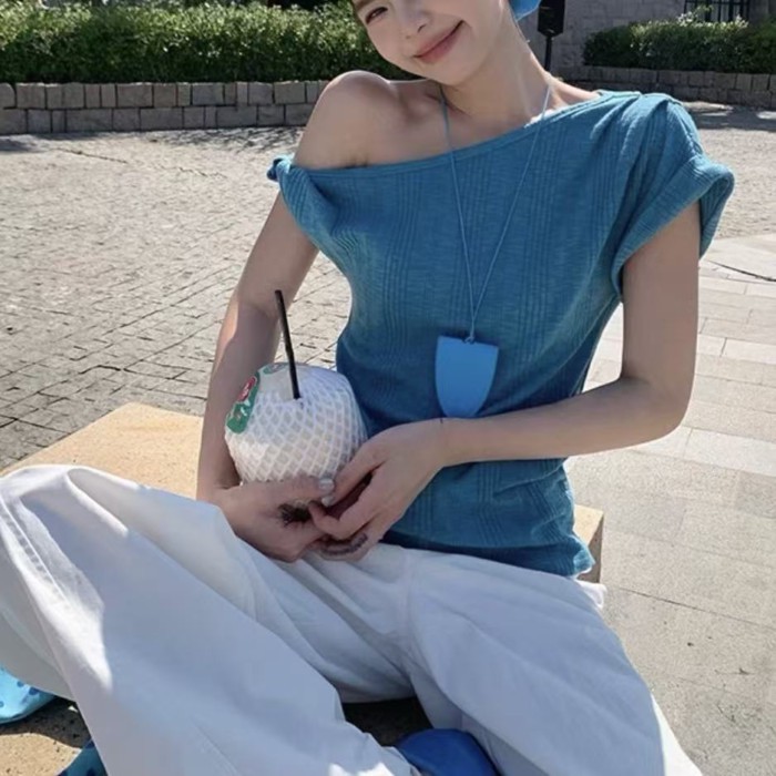 Dopamine Lake Blue Slanted Shoulder Short Sleeve T-Shirt Women's Summer Korean Style Loose Sl