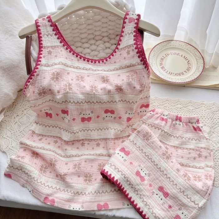 Nhật Bản màu đỏ và hồng phim hoạt hình hellokitty mây cotton vest đồ ngủ nữ mùa hè thiết kế q