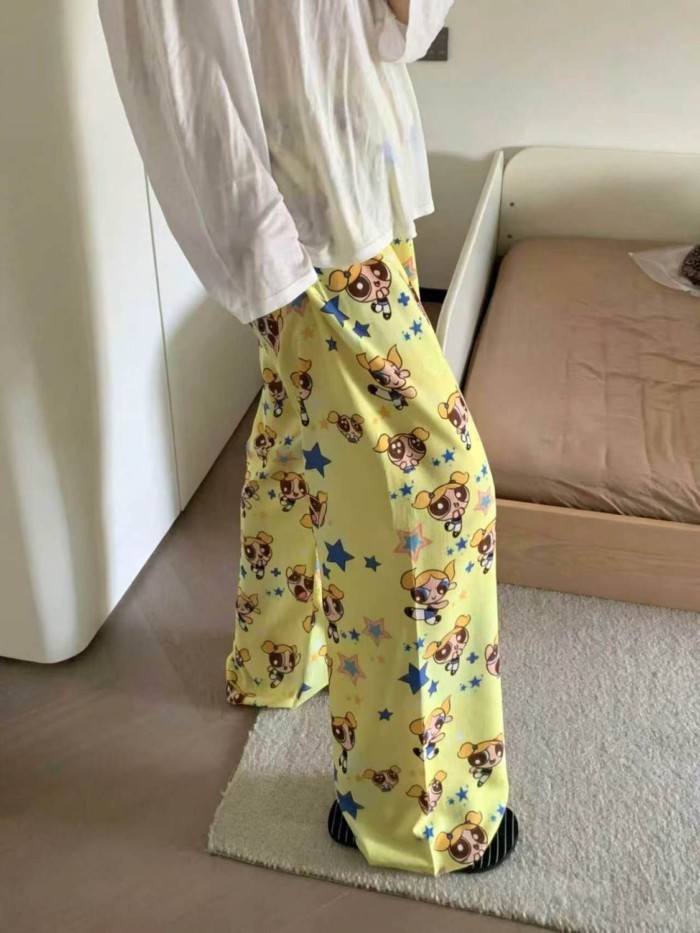 Powerpuff Girls Pyjama Quần Nữ Mùa Hè Bong Bóng Nhăn Rời Đi Bộ Áo Khoác Ngoài Hoạt Hình Dễ Thươn