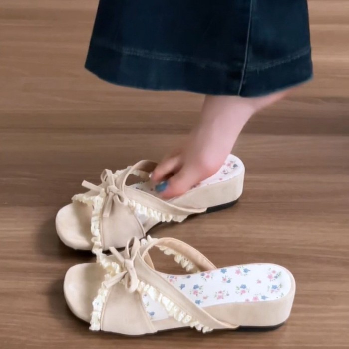 Nơ gió nhẹ nhàng bên trong nâng cao dép nhỏ ren hoa đi biển dép mùa hè