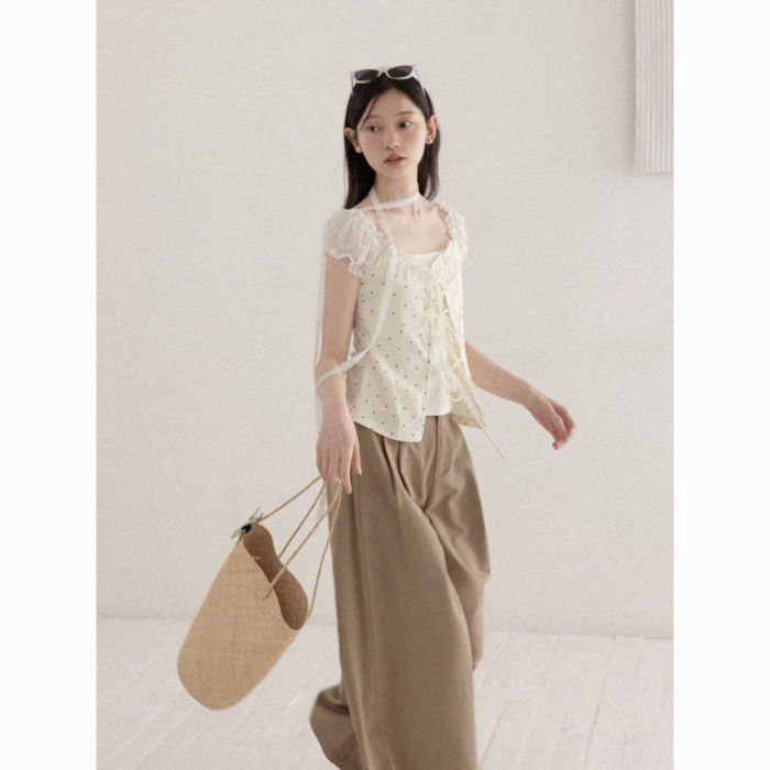 Korean Style Unique Lace Stitching Fake Two-piece Polka Dot Streamer One-shoulder Short-sleev