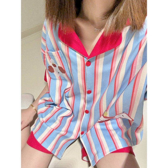 ins Korean Style Sweet Striped Apple Pajamas For Women Summer New Short-sleeved Shorts Casual