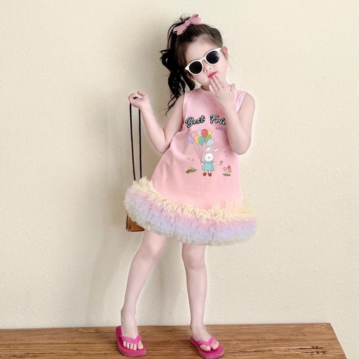 Korean Style Girl Colorful Yarn Splicing Princess Dress Summer Sweet And Fashionable Baby Gir