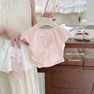 Bé gái mùa hè bé mùa hè màu hồng dễ thương Áo thun ngắn tay kt váy xếp li phong cách trẻ em
