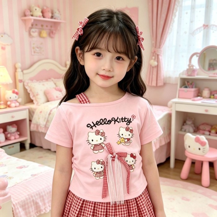 Girls' New Summer Style Pure Cotton Cartoon Standing Bow Oblique Shoulder Short-sleeved Child
