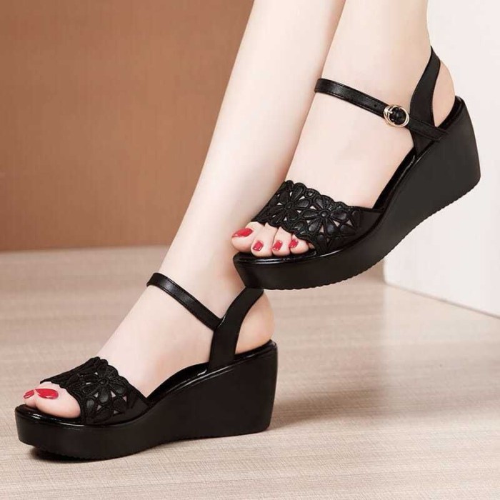 Mùa Hè Giày Sandal Đế Xuồng Nữ Nền Tảng Khóa Miệng Cá Giày Sandal Hở Mũi Size Lớn Dép Đa Năng