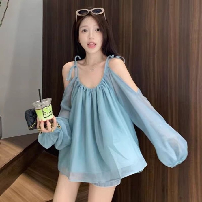 Áo voan một vai nhẹ nhàng cho nữ mặc áo sơ mi mỏng dáng rộng dáng suông