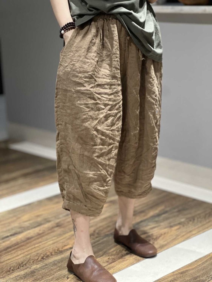 Mới Đồng Màu Ống rộng Cotton và Vải Lanh Quần Cắt Rời Retro Cổ Cà Rốt Hậu Cung Quần dành cho Nữ
